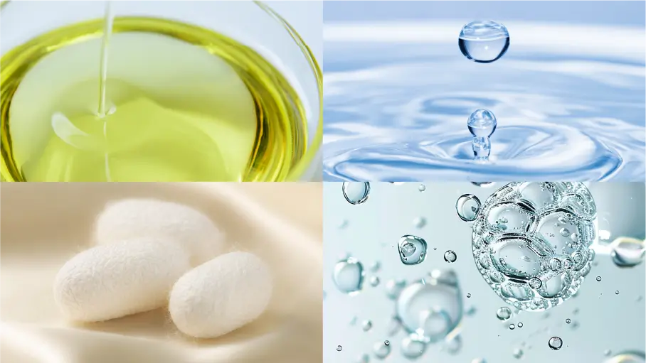 保湿美容液成分イメージ スクワラン・ヒアルロン酸Na・シルク・セラミドNP